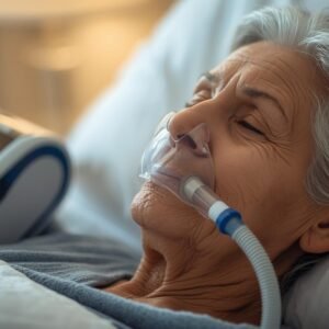 aparat tlenowy zdjęcie nagłówka , starsza kobieta w łóżku a przy niej nowoczesny aparat tlenowy a na twarzy maseczka tlenowa
