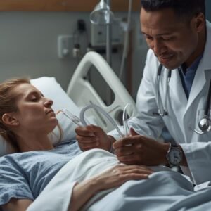 bardziej realistyczne zdjecie, pajcentka leży na łóżku , obok lekarz ona korzysta z ssaka medycznego