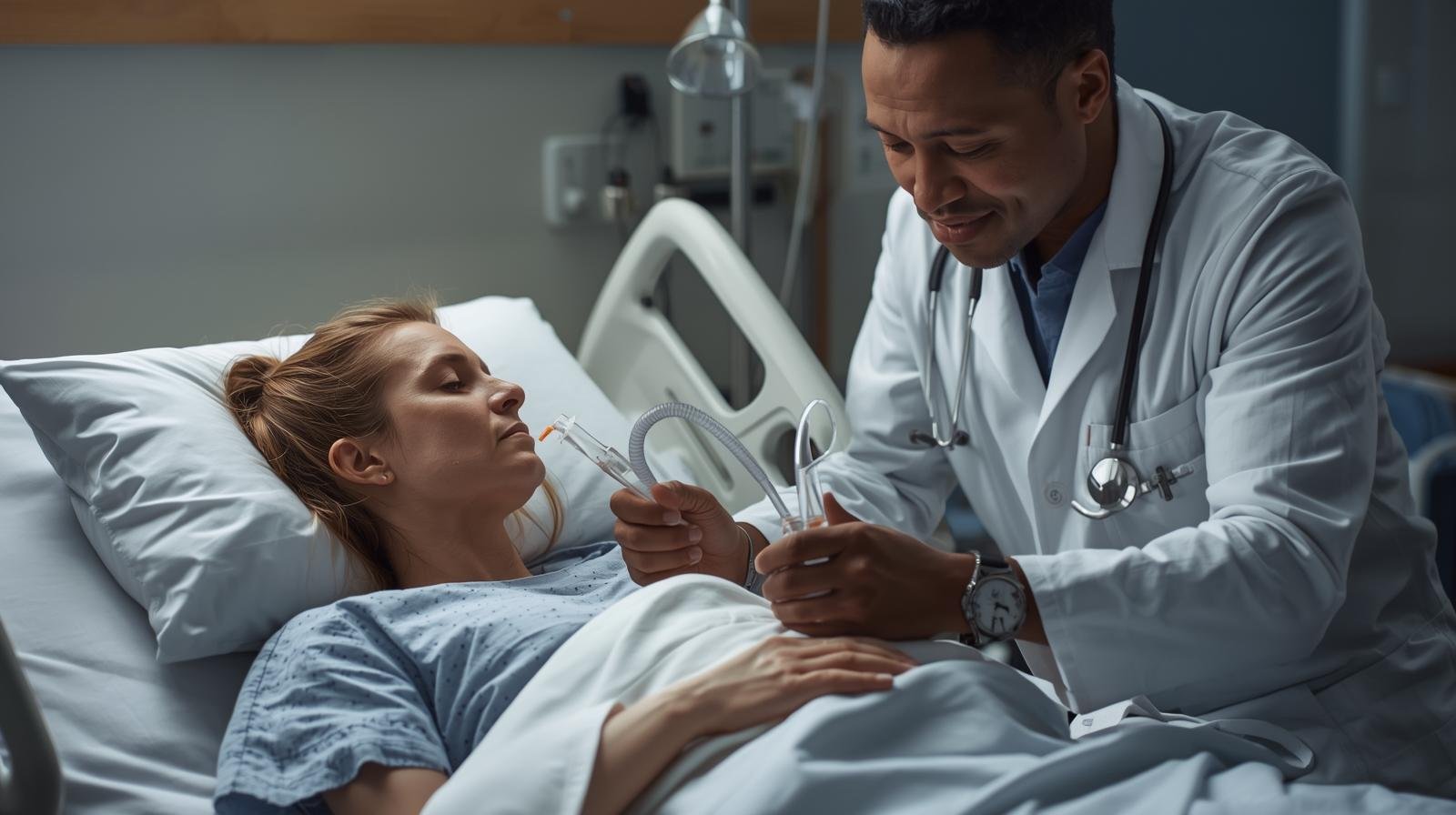 bardziej realistyczne zdjecie, pajcentka leży na łóżku , obok lekarz ona korzysta z ssaka medycznego