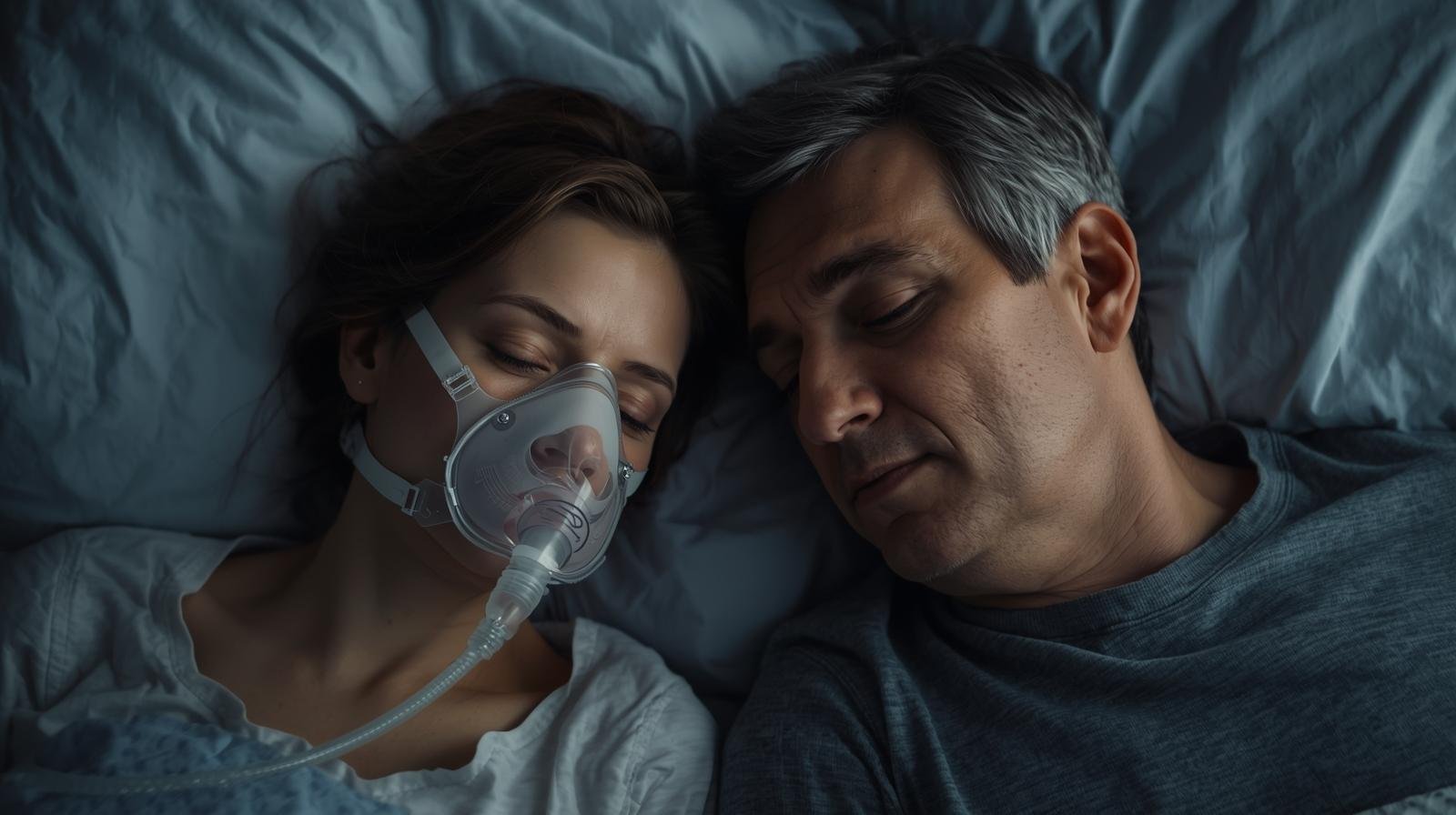 para kobieta i mężczyzna w średnim wieku w łóżku i śpi a , kobieta oddycha przez aparat tlenowy na twarzy