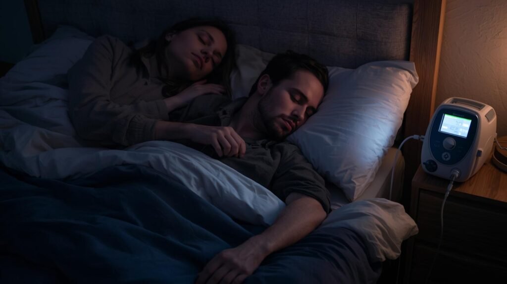 para leży w łóżku i śpi a , mężczyzna oddycha przez aparat tlenowy para leży w łóżku i śpi a , mężczyzna oddycha przez aparat tlenowy