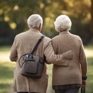 starsza para na spacerze w koncentratorem tlenu w torbie