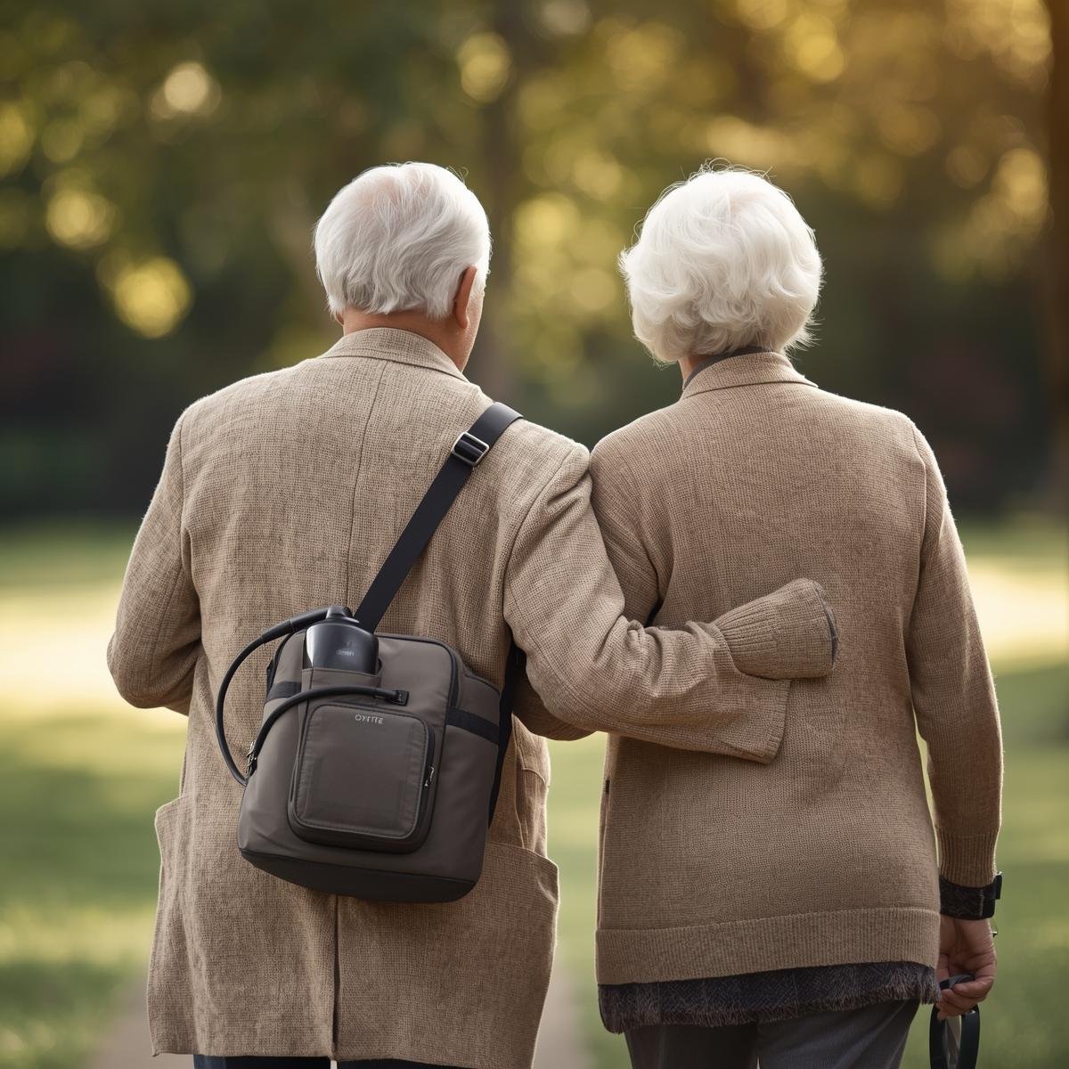 starsza para na spacerze w koncentratorem tlenu w torbie