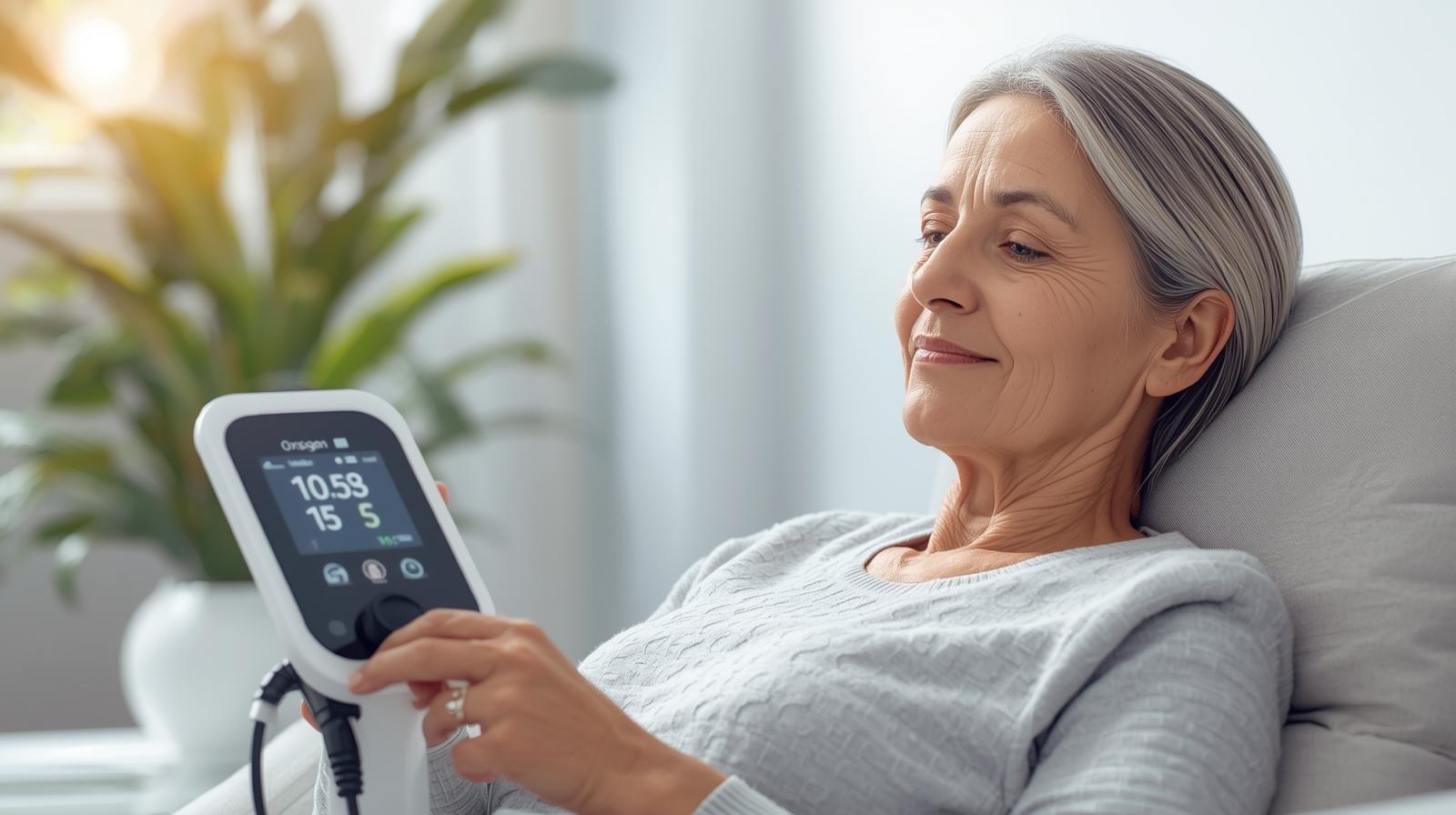 Stworz Obraz Zdajcie W Tle Dla Strony Z Koncentratorami Tlenu Kobieta Ktora Korzysta Z Urzadzenia. Profesjonalny